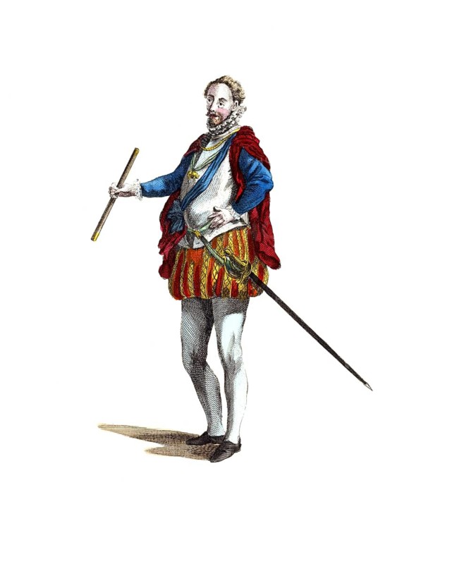 Historical clothing, fashion over time, clothing of the governor of the Netherlands for the King of Spain in 1576, digitally restored reproduction of a model from the 18th/19th century, exact date unknown, standing man in simple clothing and red cloak with sword