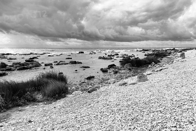 Characteristic coastline, wild natural beach, boulders, dramatic cloudy sky, monochrome, film set, Holmudden, Fårö island, Gotland, Baltic Sea, Sweden