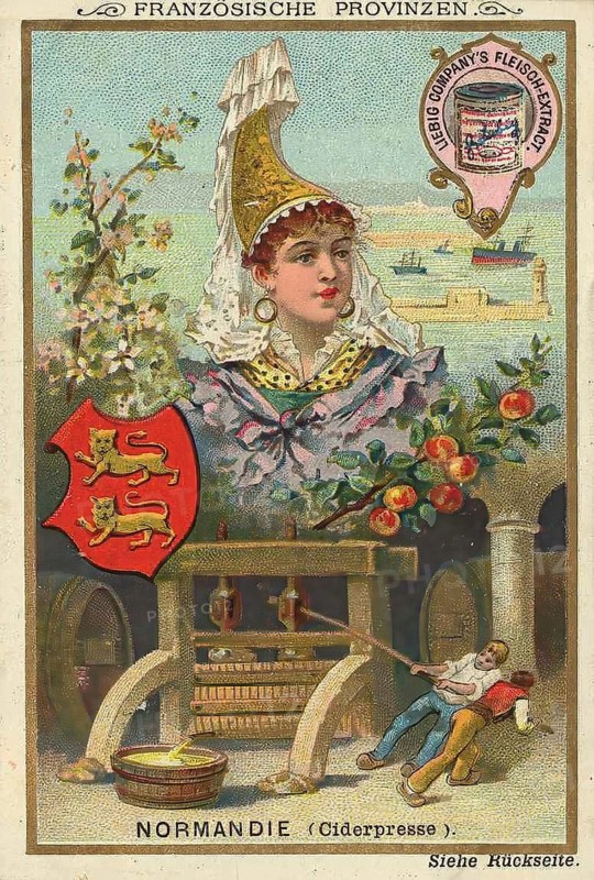 Picture series French provinces, cider press in Normandy, Liebig picture, digitally restored reproduction of a collector's picture from ca 1900, public domain, exact date unknown, A woman in traditional traditional costume with cider press and apple scene