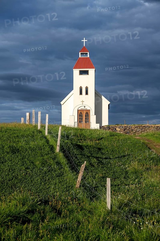 Church in the evening light, Möðrudalur, Icelandic Highlands, Iceland