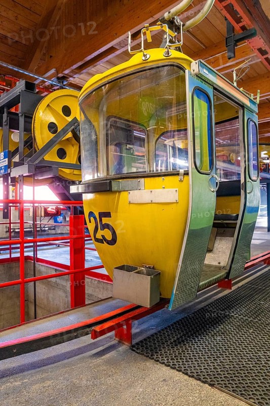 Interior view of a yellow gondola in a cable car station, Hochgrat Mountains, Allgäu Alps, Oberreute, Germany