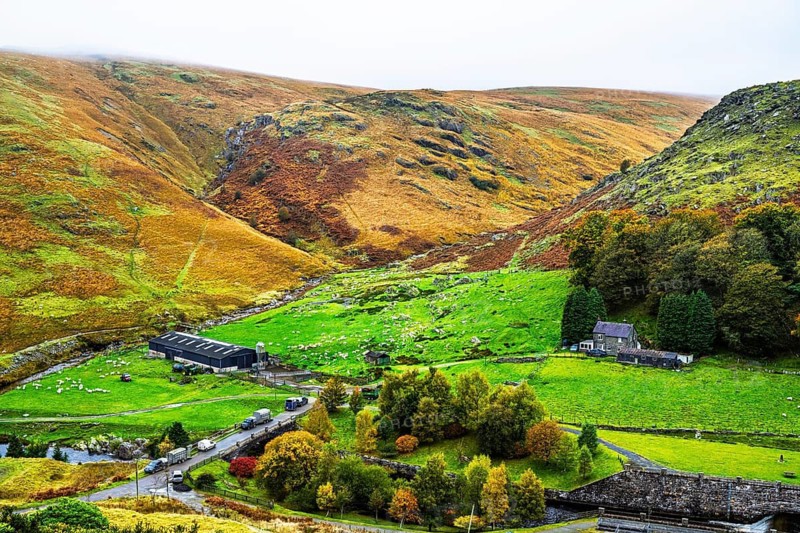 Autumn colors over Claerwen Dam, Claerwen Valley, Elan Valley Reservoir, Rhayader, Powys, Wales, UK