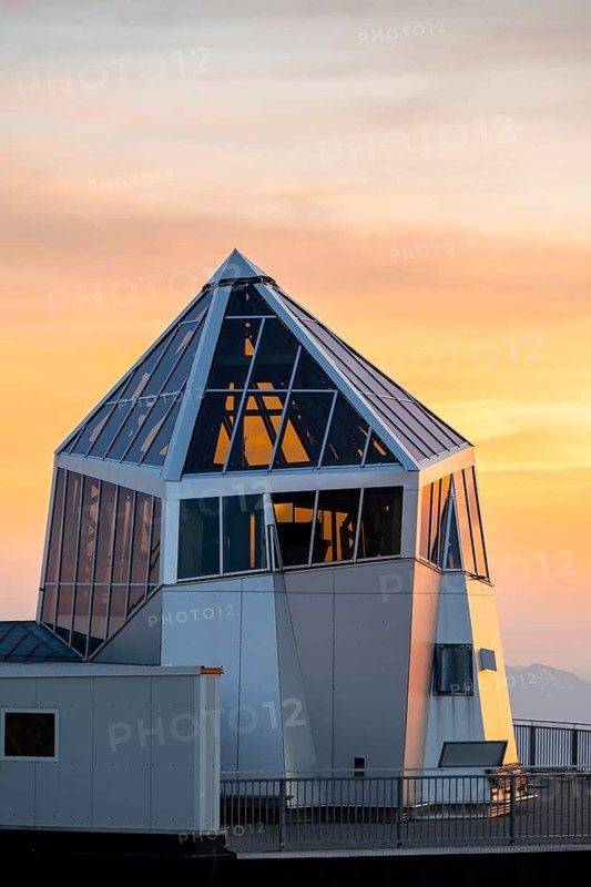 Mountain station of the Tyrolean Zugspitze railway at the summit of the Zugspitze, at sunset, Wetterstein Mountains, Northern Limestone Alps, Bavaria, Germany