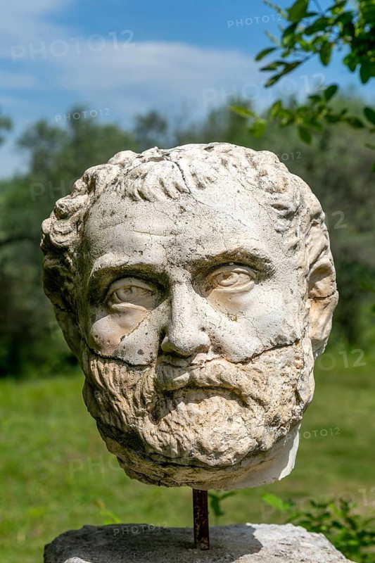 Replica sculpture Head of Demosthenes 384, 322 BC, Apollonia Archaeological Park, Pojan, Albania, Unesco World Heritage site