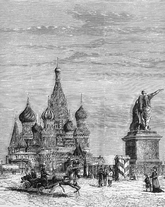 The Red Square with St Basil's Cathedral in the Russian capital Moscow, horse-drawn carriage, guardhouse with soldiers, walker, statue, geography, Russia, historical illustration 1888