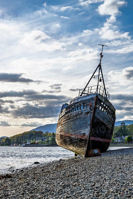 Corpach Wreck or Old Boat of Caol and Nevis Range Mountains, Caol Beach, Corpach, Fort William, Highland, Scotland, UK