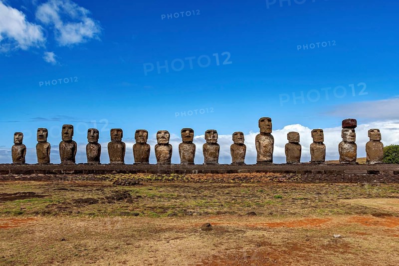 Row of Moai statues against a blue sky on a grassy coastline, The Moai statues on Easter Island in the Pacific Ocean