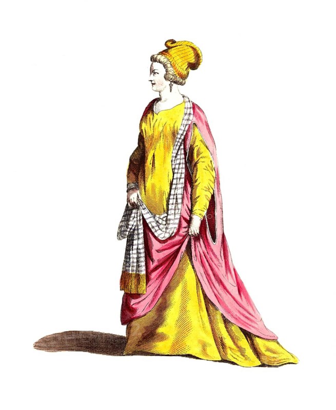 Historical clothing, fashion over time, clothing of a virgin in Thessaloniki in the 18th century, Greece, digitally restored reproduction of a model from the 18th/19th century, exact date unknown, woman in yellow dress with pink cloak