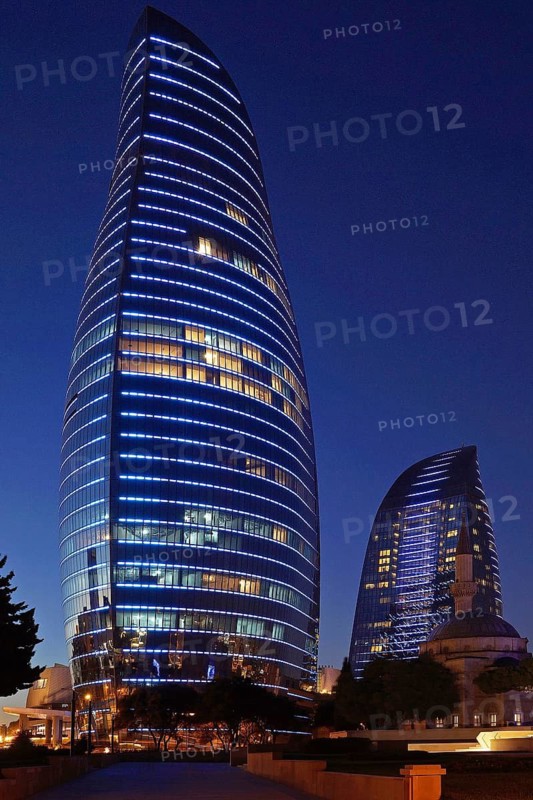 Azerbaijan, Baku, Flame Towers at night, Europe, Asia