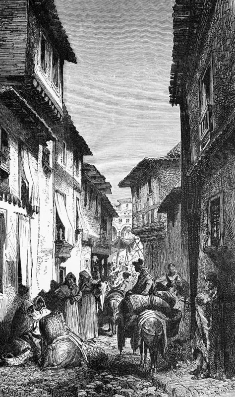 Narrow alley in a Spanish town, living in poverty, female traders, sale, pack animal donkey, many people, society, geography, Spain, historical illustration 1888