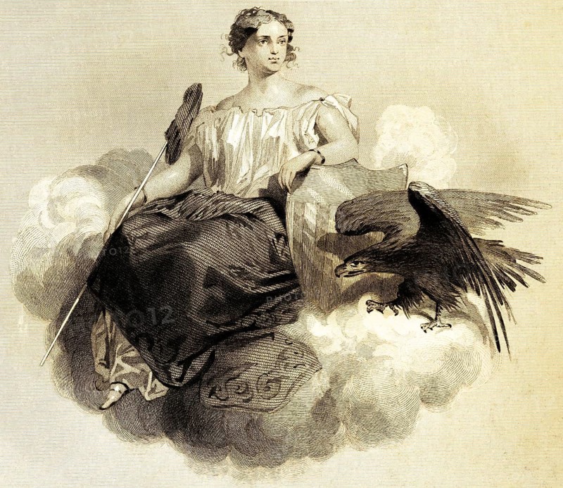 Book symbol, portrait of famous American, young woman sitting on cloud, eagle, coat of arms, America, artist Alonzo Chappel, steel engraving, historical illustration 1862