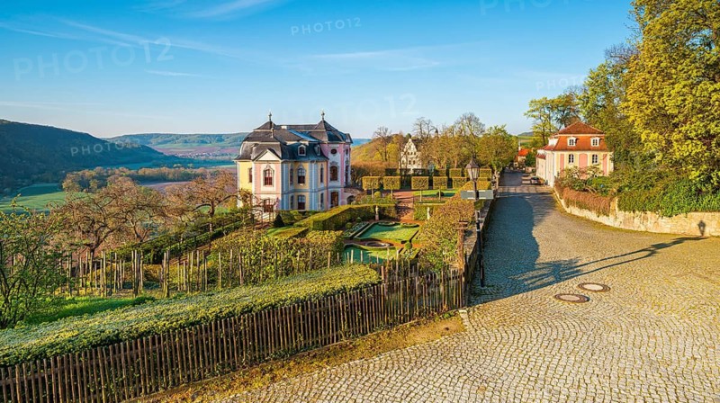 The rococo castle in morning light in spring, Dornburg Palaces and Park in the Saale Valley, Dornburg-Camburg, Thuringia, Germany