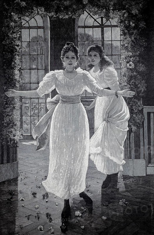 Two woman in Victorian-style clothing standing in a room in front of large windows, 1890, illustration, reproduction from a 19th century model. Authentic, file restored for optimal use, exact date of original unknown, historical, two woman in elegant dresses dance in a flower-decorated room with a large window front