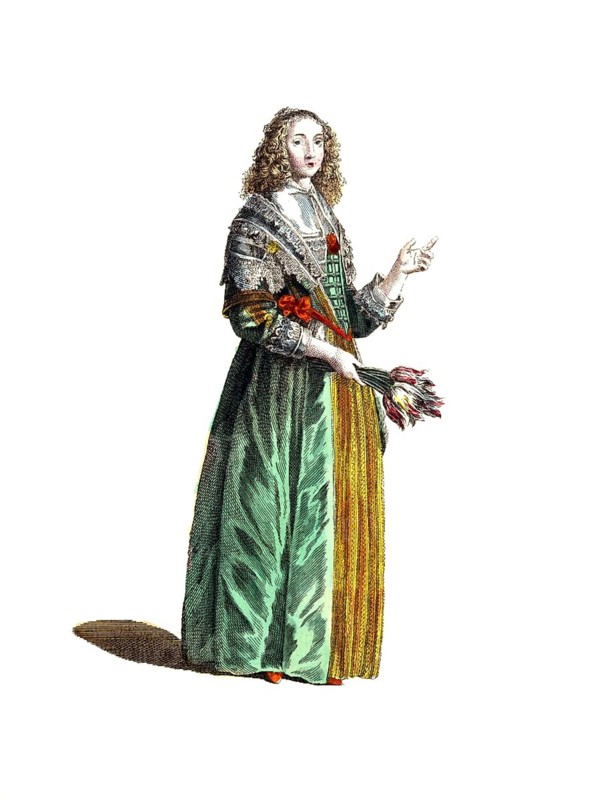 Historical clothing, fashion in the course of time, dress style of a noble lady from England in spring, in 1641, digitally restored reproduction of a model from the 18th/19th century, exact date unknown, woman in elegant Renaissance dress with bouquet of flowers, green-orange colour accents