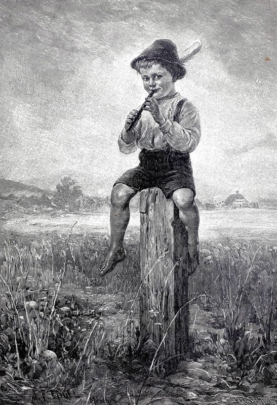 Boy sitting on a pole and practicing the first notes with a flute, 1891, Germany, authentic, digitally restored reproduction from a 19th century model, exact date of presentation unknown, historical, A boy sitting on a pole in a meadow playing the flute. The scene looks nostalgic and rural in black and white