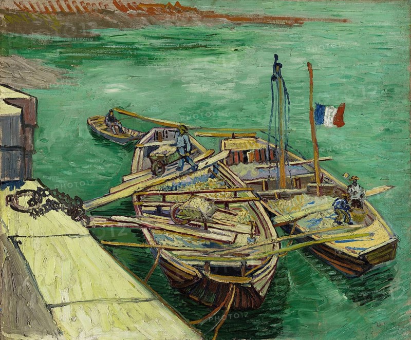 Quay with men unloading sand barges (1888), Quay with men unloading sand barges (1888), Painting by Vincent Willem van Gogh (born 30 March 1853 in Groot-Zundert, died 29 July 1890 in Auvers-sur-Oise), Dutch painter and draughtsman, one of the founders of modern painting, Illustration, Reproduction from a painting. Authentic, exact date of the original unknown, Historical