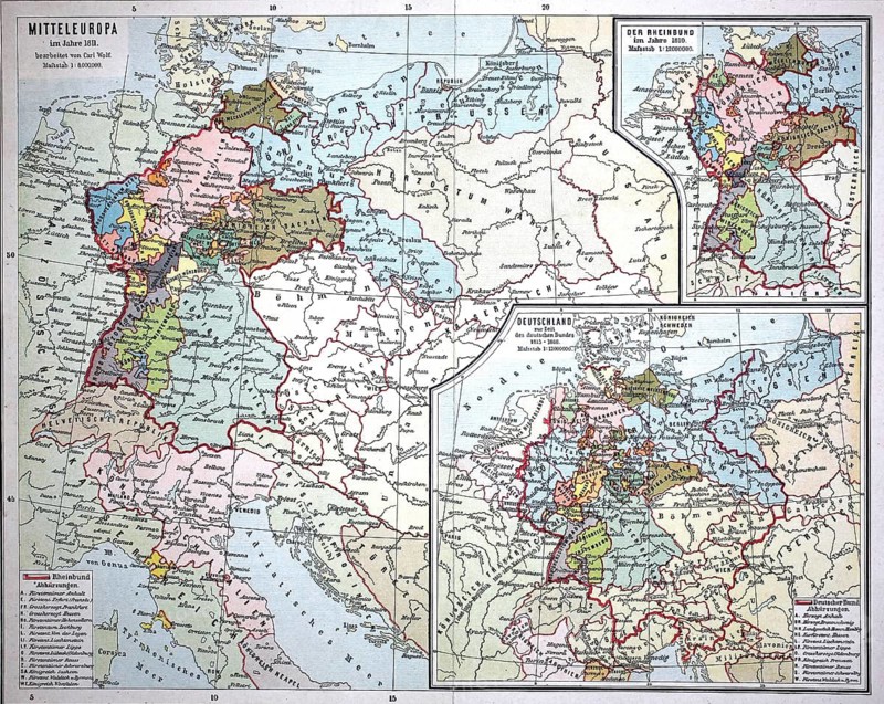 Map from 1890, Central Europe around 1811, Germany and the Confederation of the Rhine, illustration, reproduction from a model from the 19th century. Authentic, file restored for optimal use, exact date of original unknown, historical, historical map of Central Europe with a political focus on various regions
