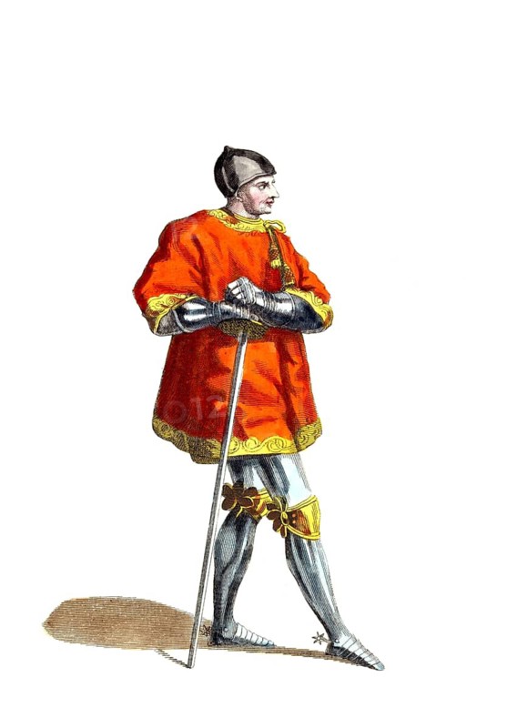 Historical clothing, fashion through the ages, Olivier V de Clisson (23 April 1336, 22 April 1407), a French feudal lord and commander-in-chief of the royal army, Connetable of France, during the first half of the Hundred Years' War between France and England, digitally restored reproduction of an 18th/19th century original, exact date unknown, A knight in an imposing red robe over his armour, looking earnestly into the distance