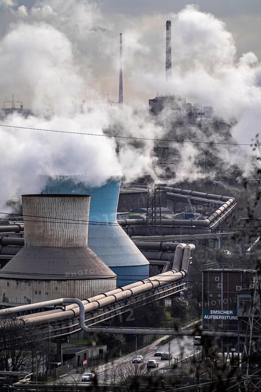 Panorama of the Thyssenkrupp Steel steelworks in Duisburg-Bruckhausen, cooling towers, at the Hamborn power plant, pipelines, in the background the Thyssenkrupp power plant Hermann Wenzel in Ruhrort, North Rhine-Westphalia, Germany