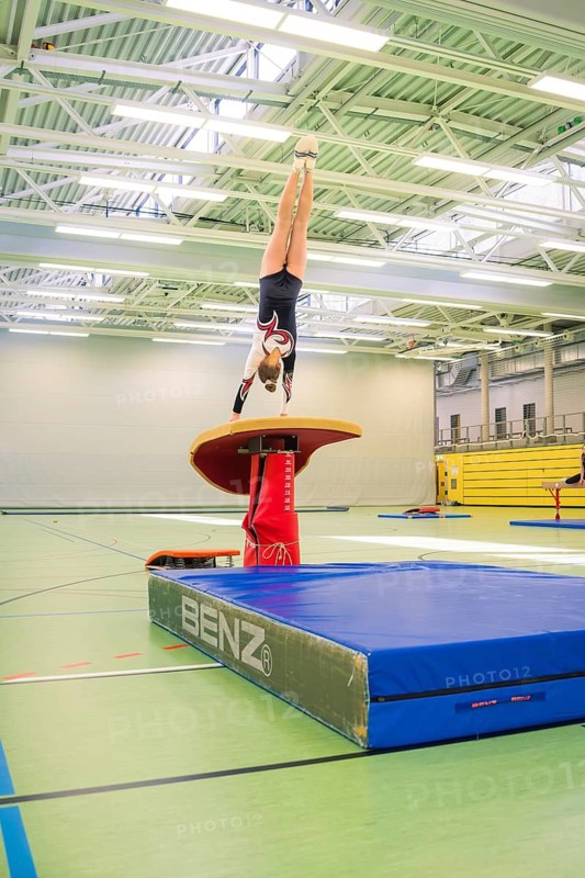 A gymnast does a handstand exercise on a horse jumping machine in a gym, Gymnastics, Calw, Germany