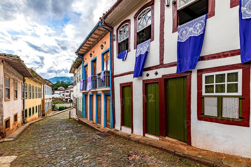 A bucolic street with old houses in the city of Ouro Preto in Minas Gerais, Ouro Preto, Minas Gerais, Brazil
