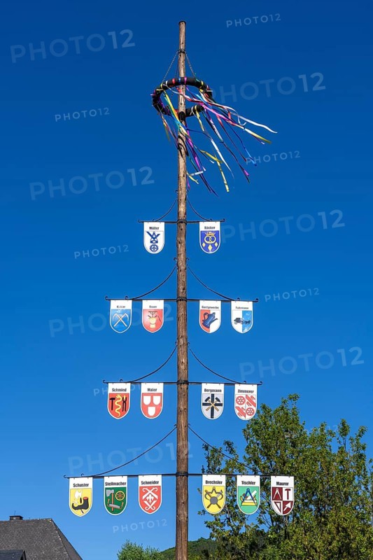 Guild tree, guild tree, guild sign, coat of arms of the various trades, in the Hochsauerlandkreis, Niedersorpe, district of Schmallenberg, North Rhine-Westphalia, Germany