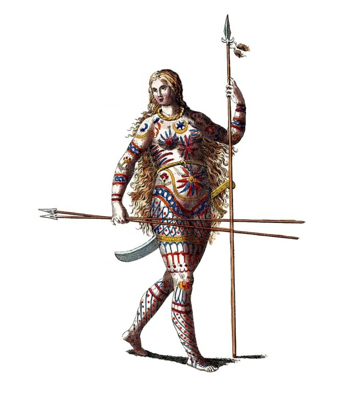 Historical clothing, fashion over time, clothing of a woman of the Picts, indigenous people in Scotland, digitally restored reproduction of a model from the 18th/19th century, exact date unknown, warrior woman with spears in elaborate armour, powerful pose