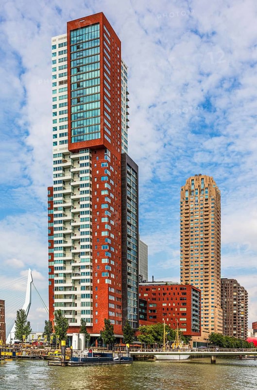 Montevideo skyscraper, a distinctive residential tower with a height of 150, by architect Francine Houben, m Kop van Zuid harbour area, modern architecture in the city panorama, Rotterdam, Netherlands