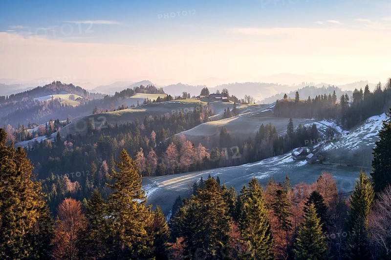 Morning atmosphere over hilly landscape, Ahornalp, Canton of Lucerne, Switzerland