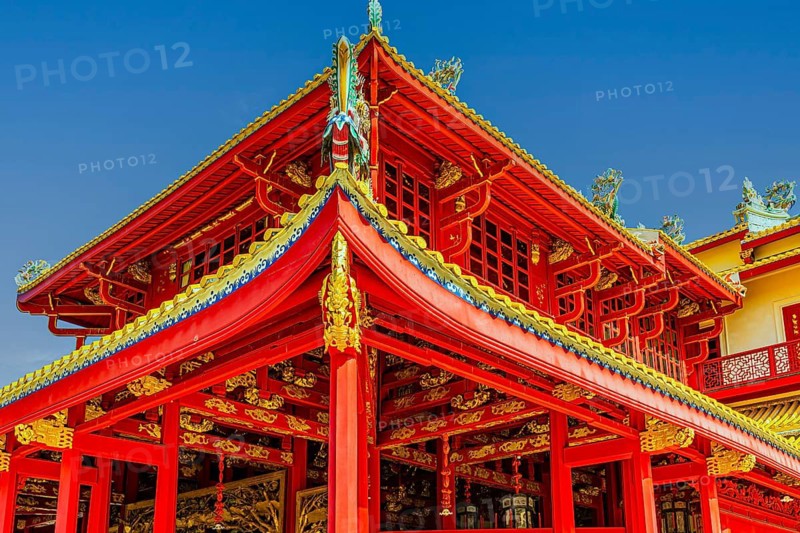 Roof structure with red beams, Wehat-Chamrun Residence, Thai King's Summer Palace, Bang Pa-In, near Ayutthaya, Thailand