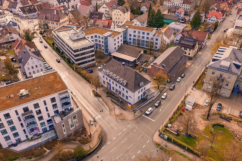 Urban scene with a central intersection and dense development, including various buildings, VHS Oberes Nagoldtal, Nagold, Germany
