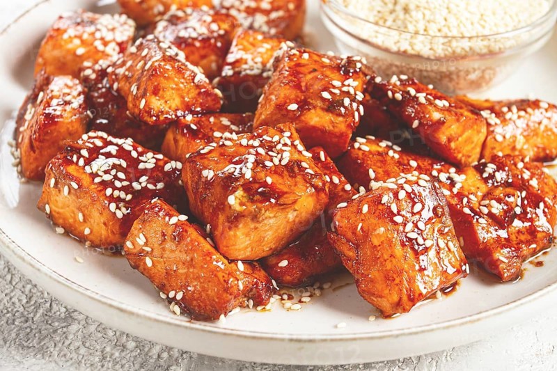 Fried pieces of salmon teriyaki with sesame seeds, top view