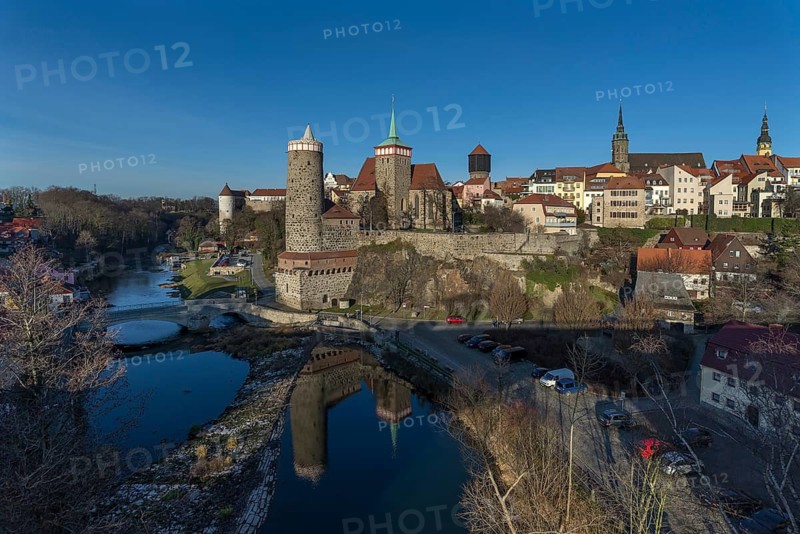 View of the historic city wall with towers of the old town, below the Spree, Bautzen, Upper Lusatia, Saxony, Germany