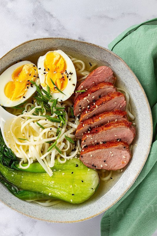 Ramen soup with duck and noodles, with eggs and bok choy, homemade, no people