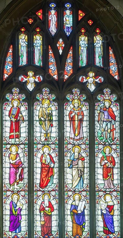 Stained glass east window inside Church of All Saints, Castle Cary, Somerset, England, UK by O'Connor 1855