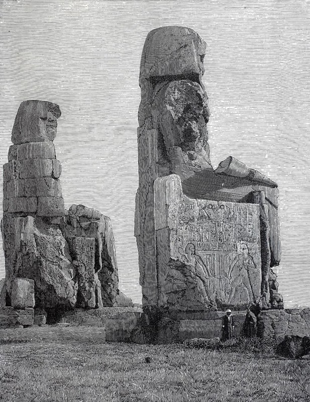The Colossi of Memnon, two ancient Egyptian colossal statues from the 14th century BC standing next to each other. They are located in the Nile Valley not far from the Valley of the Kings in Thebes-West, around 1890, Egypt, digital reproduction of an original from the 19th century, historical