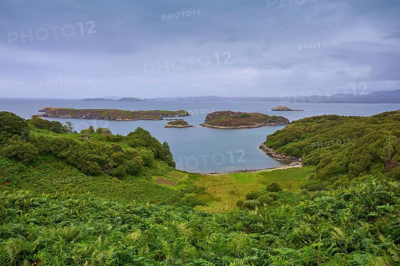 Natural view of islands in a calm ocean with surrounding vegetation, Drumberg Viewpoint, Drumbeg, Lairg, Scotland, United Kingdom, Great Britain