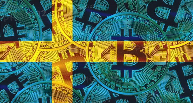 Swedish flag with Bitcoins in the background. Investors in cryptocurrency and Blockchain Technology in Sweden