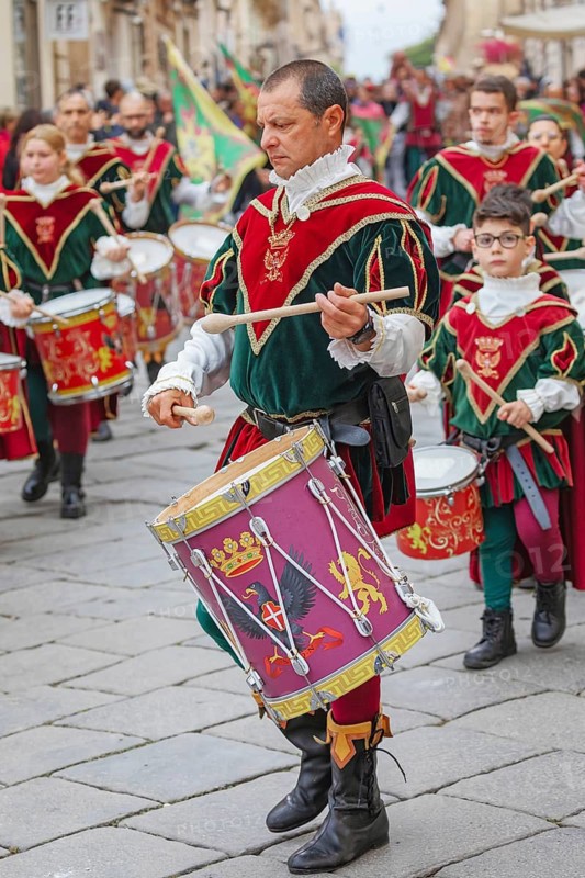 Participants wearing historical costumes on parade, Noto, Noto Valley, Sicily, Italy