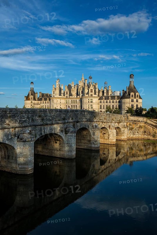 Chambord Castle, north facade, sunset, UNESCO World Heritage Site, Loire, Department Loire et Cher, Centre Region, France