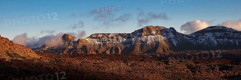 Mirador El Tabonal Negro, Caldera, snow-capped mountains in morning light with clouds in the background, Teide National Park, Teide National Park, volcano, volcanism, UNESCO World Heritage Site, Tenerife, Canary Islands, Spain