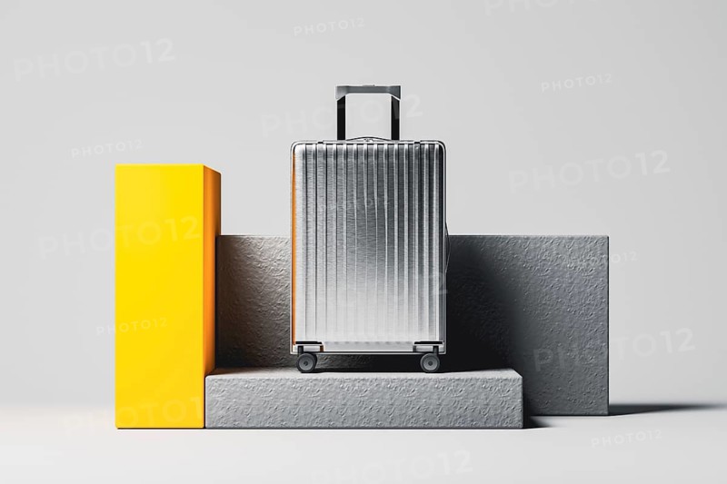 Vivid colored suitcase stands prominently on a minimalist display, highlighting sleek design and travel readiness in a contemporary setting