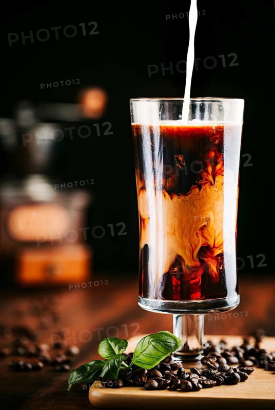 Food photography, coffee with ice cream and milk