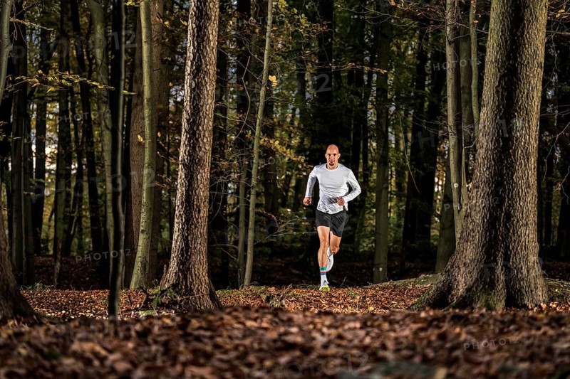 Man in a training session, trail running outdoors, healthy lifestyle, colorful autumn forest, Swabian forest, valley Remstal, Germany
