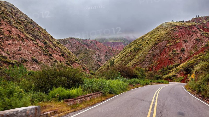 Empty road winds through a mountainous landscape rich in vegetation, roads through the landscape of Quebrada de Cafayate near Salta in Argentina