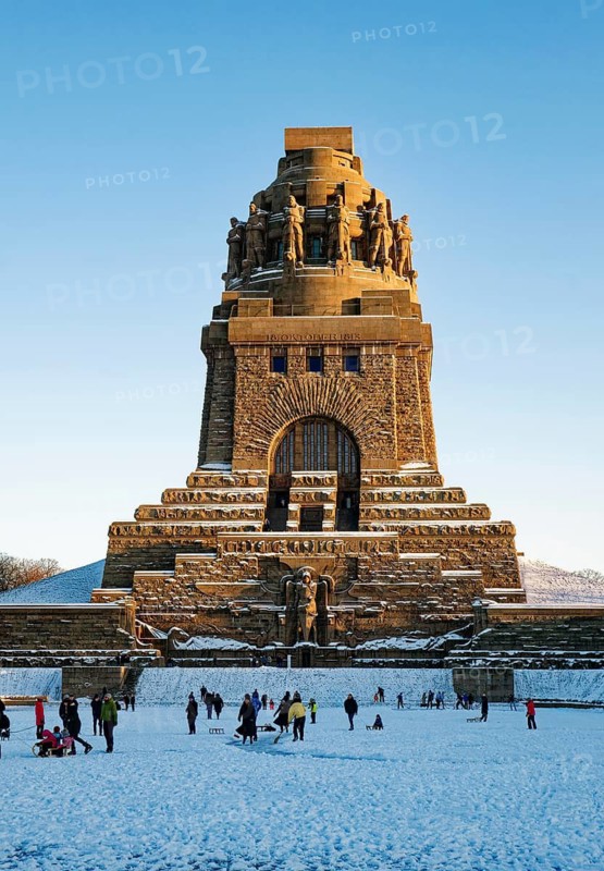 Monument to the Battle of the Nations on a winter's day with snow, Leipzig, Saxony, Germany