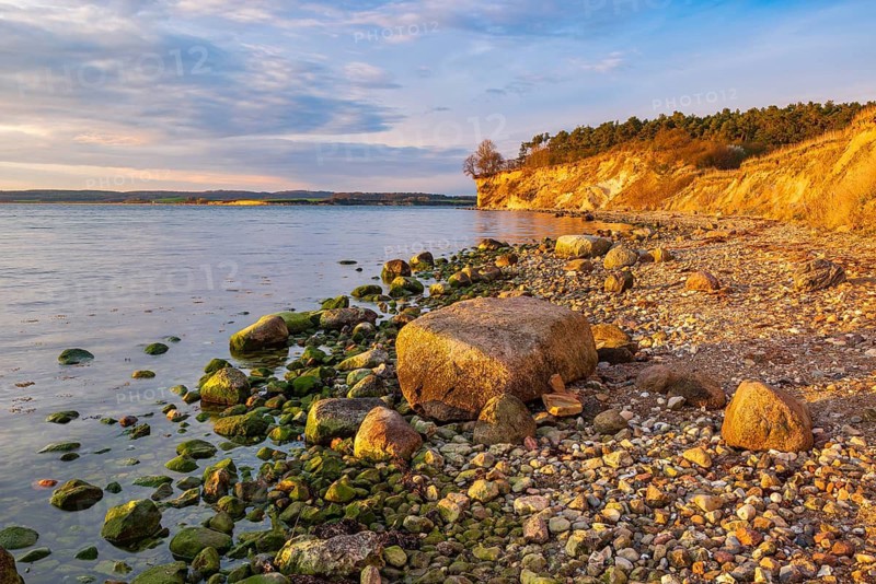 Rocky beach with boulders on the cliffs of the Bay of Greifswald in the evening light, Mönchgut nature reserve, Groß Zicker, Mönchgut peninsula, Rügen island, Mecklenburg-Western Pomerania, Germany