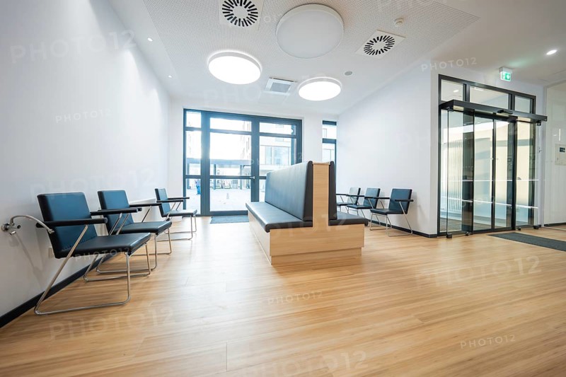 Modern waiting room with seating and large windows, radiology in the new health campus, Calw, Germany