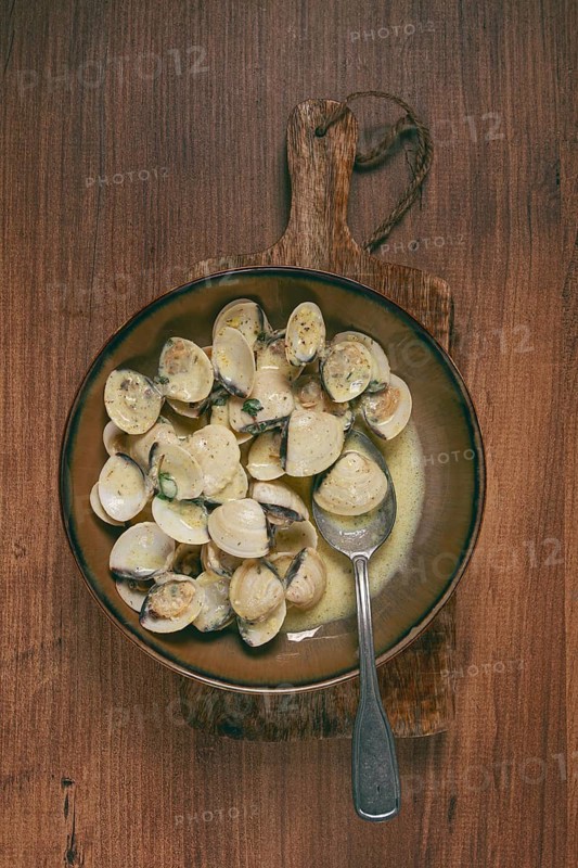 Vongole clams, in cream sauce, homemade, top view, no people