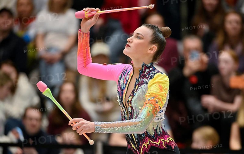 Darja Varfolomeev GER with handheld club action rhythmic gymnastics RSG gymnastics Schmiden International 2026, Fellbach, Baden-Württemberg, Germany